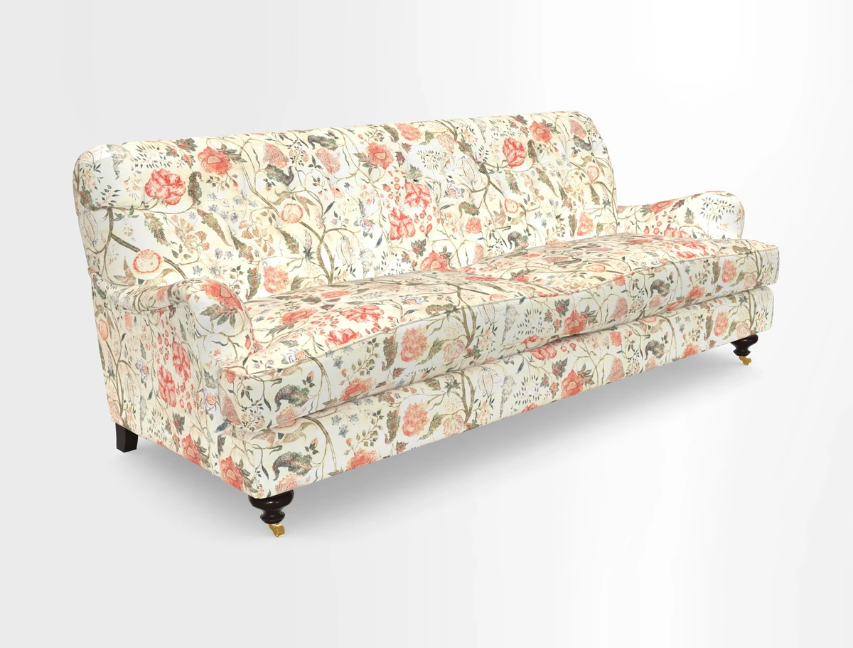 Chiddingfold 3 Seater Sofa in Omega Velvet Tawny Velvet and V&A Threads of India Regal Arabesque Flame with scatters in Sulawesi Splendour Jasper