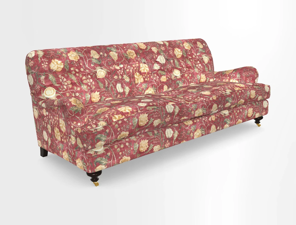 Chiddingfold 3 Seater Sofa in Omega Velvet Tawny Velvet and V&A Threads of India Regal Arabesque Flame with scatters in Sulawesi Splendour Jasper