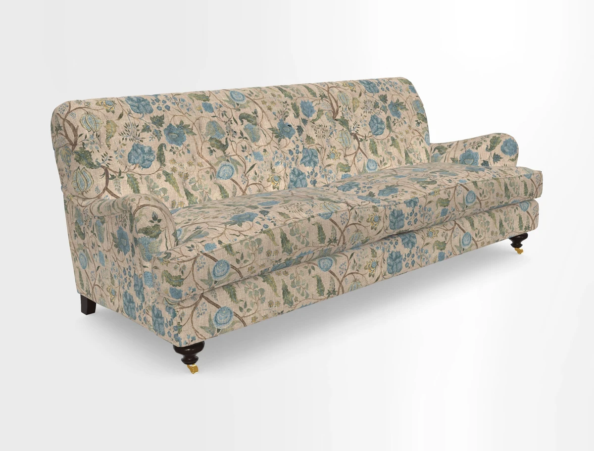 Chiddingfold 3 Seater Sofa in Omega Velvet Tawny Velvet and V&A Threads of India Regal Arabesque Flame with scatters in Sulawesi Splendour Jasper