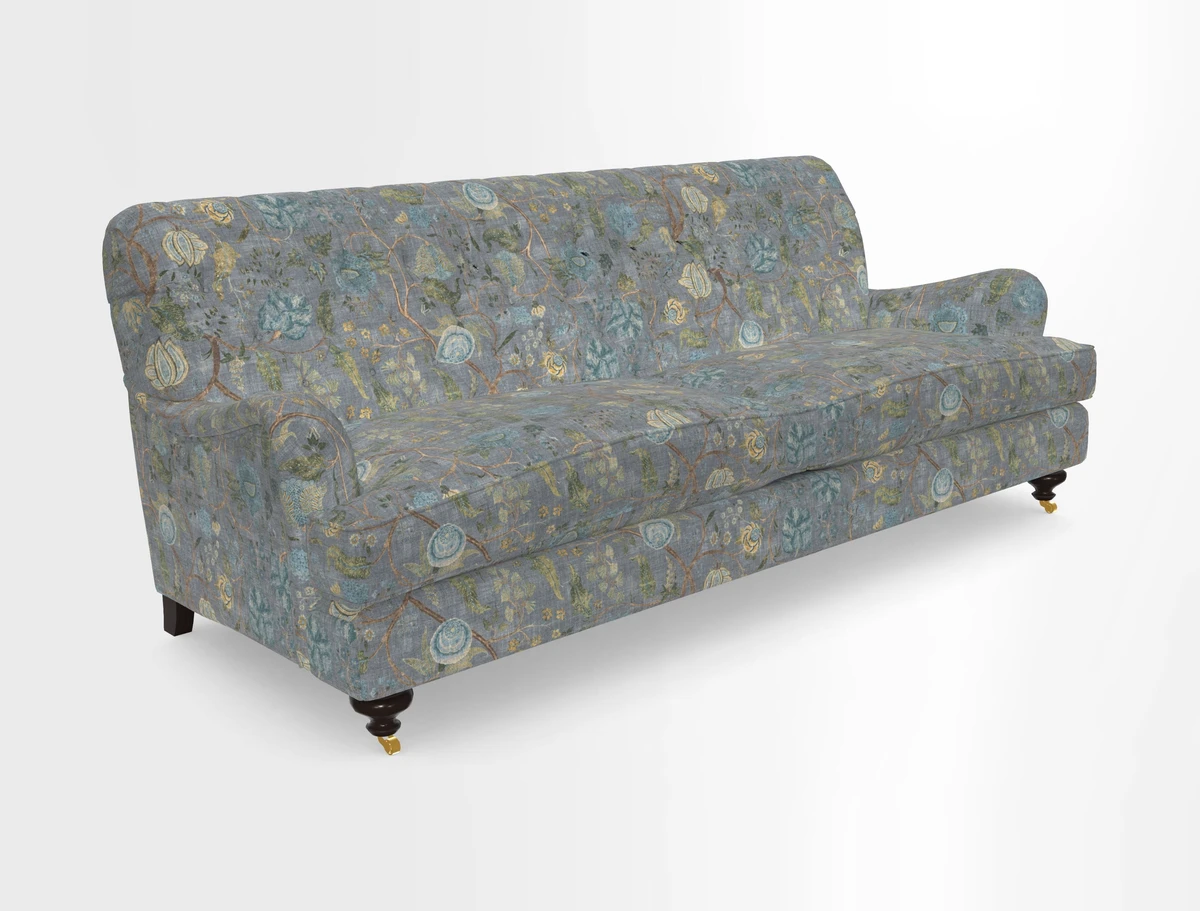 Chiddingfold 3 Seater Sofa in Omega Velvet Tawny Velvet and V&A Threads of India Regal Arabesque Flame with scatters in Sulawesi Splendour Jasper