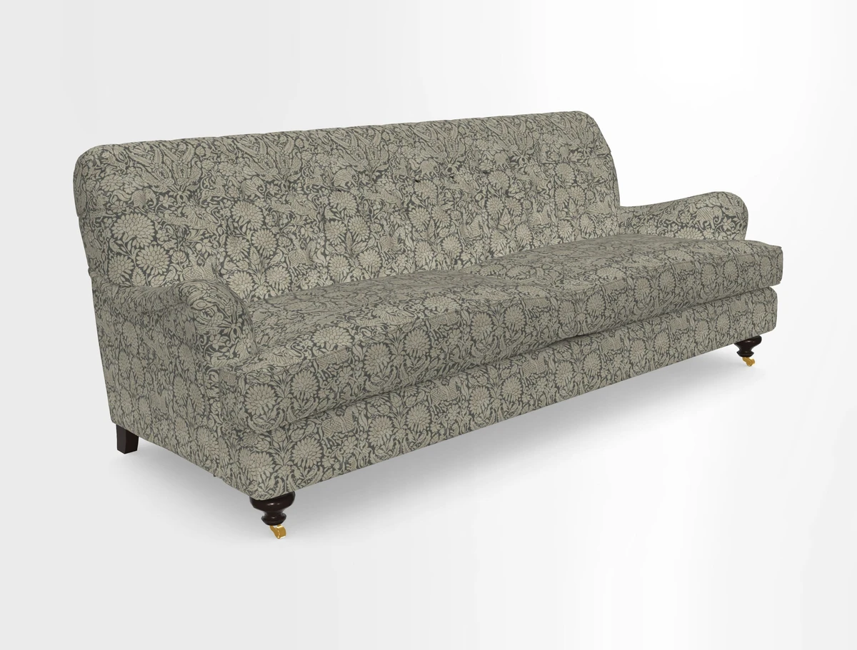 Chiddingfold 3 Seater Sofa in Omega Velvet Tawny Velvet and V&A Threads of India Regal Arabesque Flame with scatters in Sulawesi Splendour Jasper