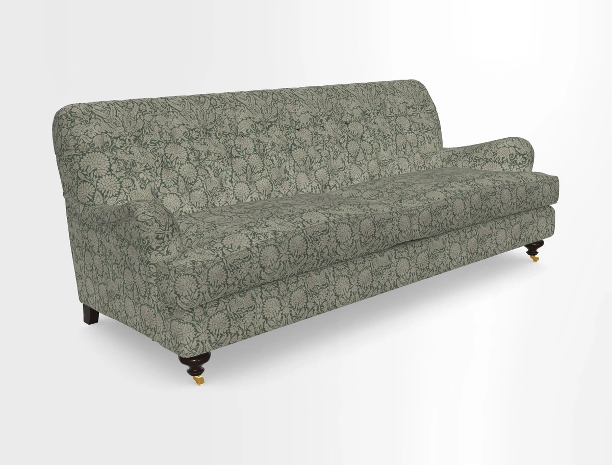 Chiddingfold 3 Seater Sofa in Omega Velvet Tawny Velvet and V&A Threads of India Regal Arabesque Flame with scatters in Sulawesi Splendour Jasper