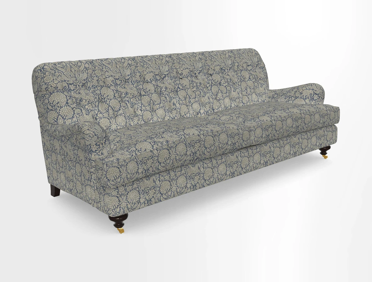 Chiddingfold 3 Seater Sofa in Omega Velvet Tawny Velvet and V&A Threads of India Regal Arabesque Flame with scatters in Sulawesi Splendour Jasper