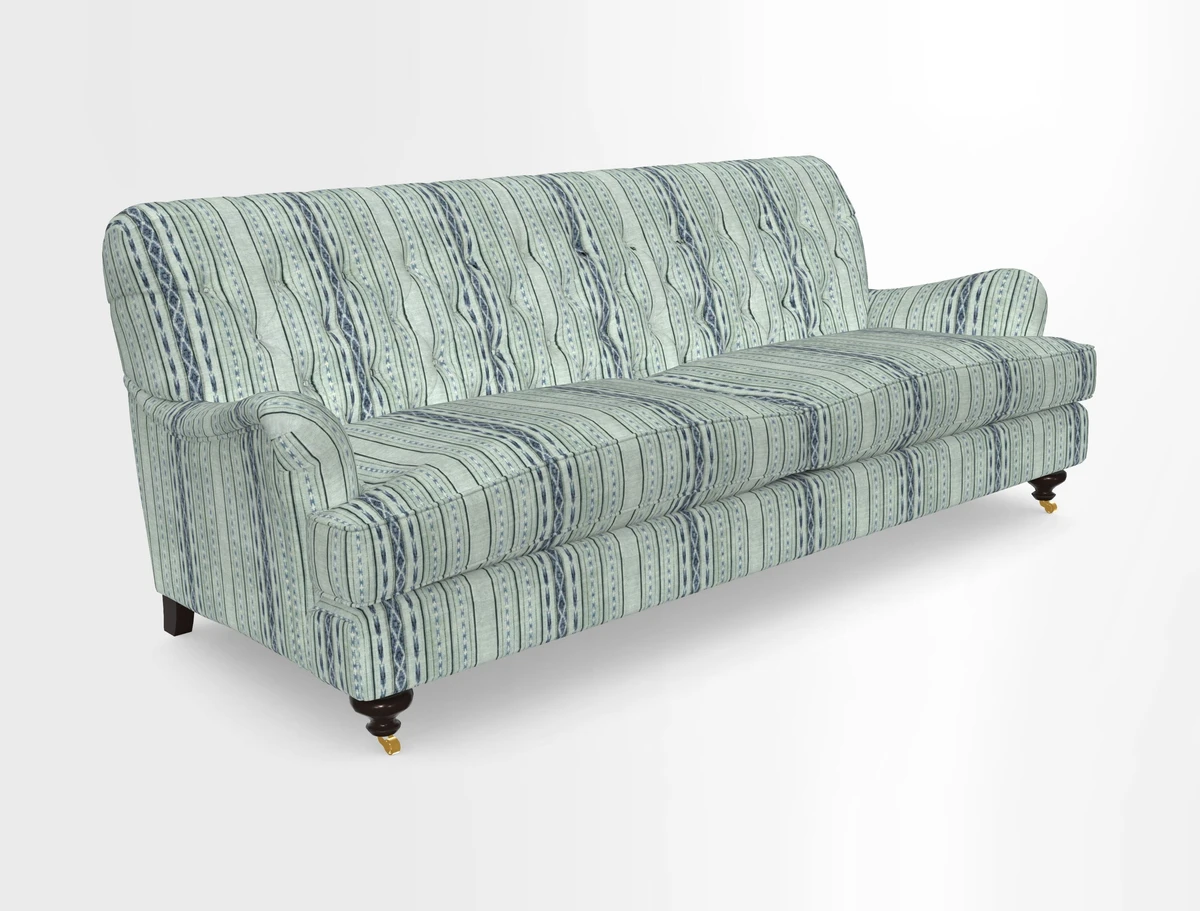 Chiddingfold 3 Seater Sofa in Omega Velvet Tawny Velvet and V&A Threads of India Regal Arabesque Flame with scatters in Sulawesi Splendour Jasper