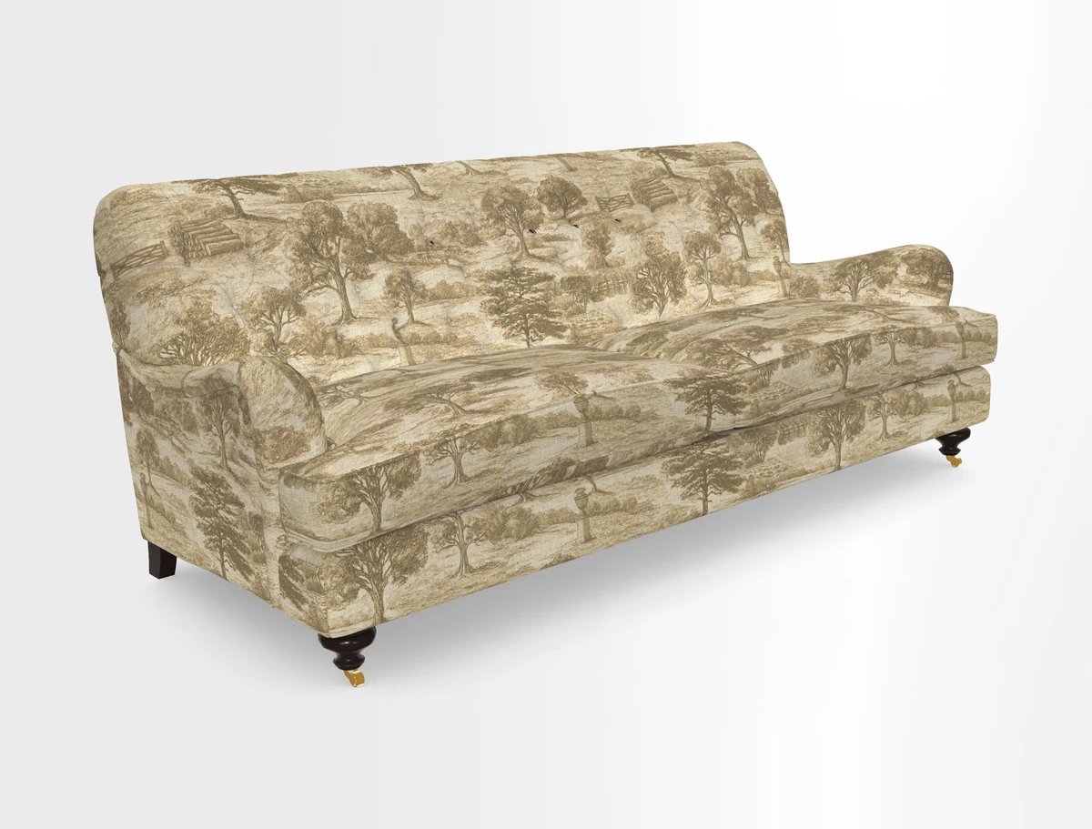 Chiddingfold 3 Seater Sofa in Omega Velvet Tawny Velvet and V&A Threads of India Regal Arabesque Flame with scatters in Sulawesi Splendour Jasper