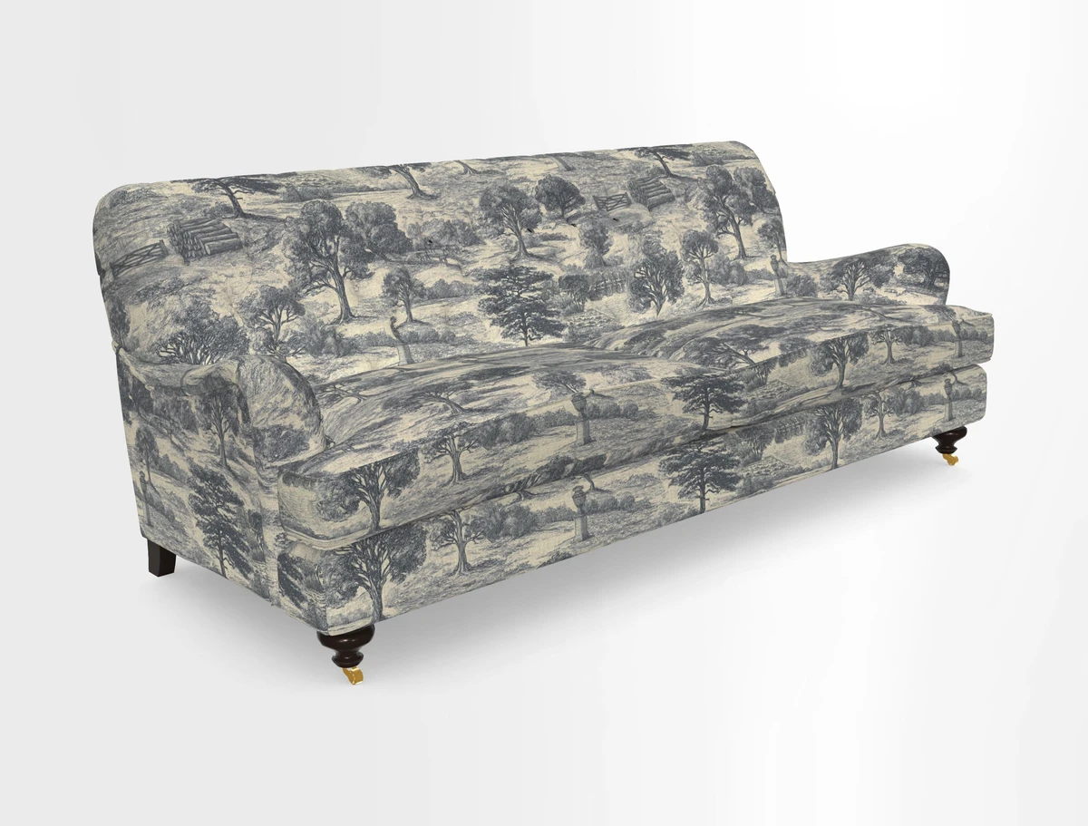 Chiddingfold 3 Seater Sofa in Omega Velvet Tawny Velvet and V&A Threads of India Regal Arabesque Flame with scatters in Sulawesi Splendour Jasper