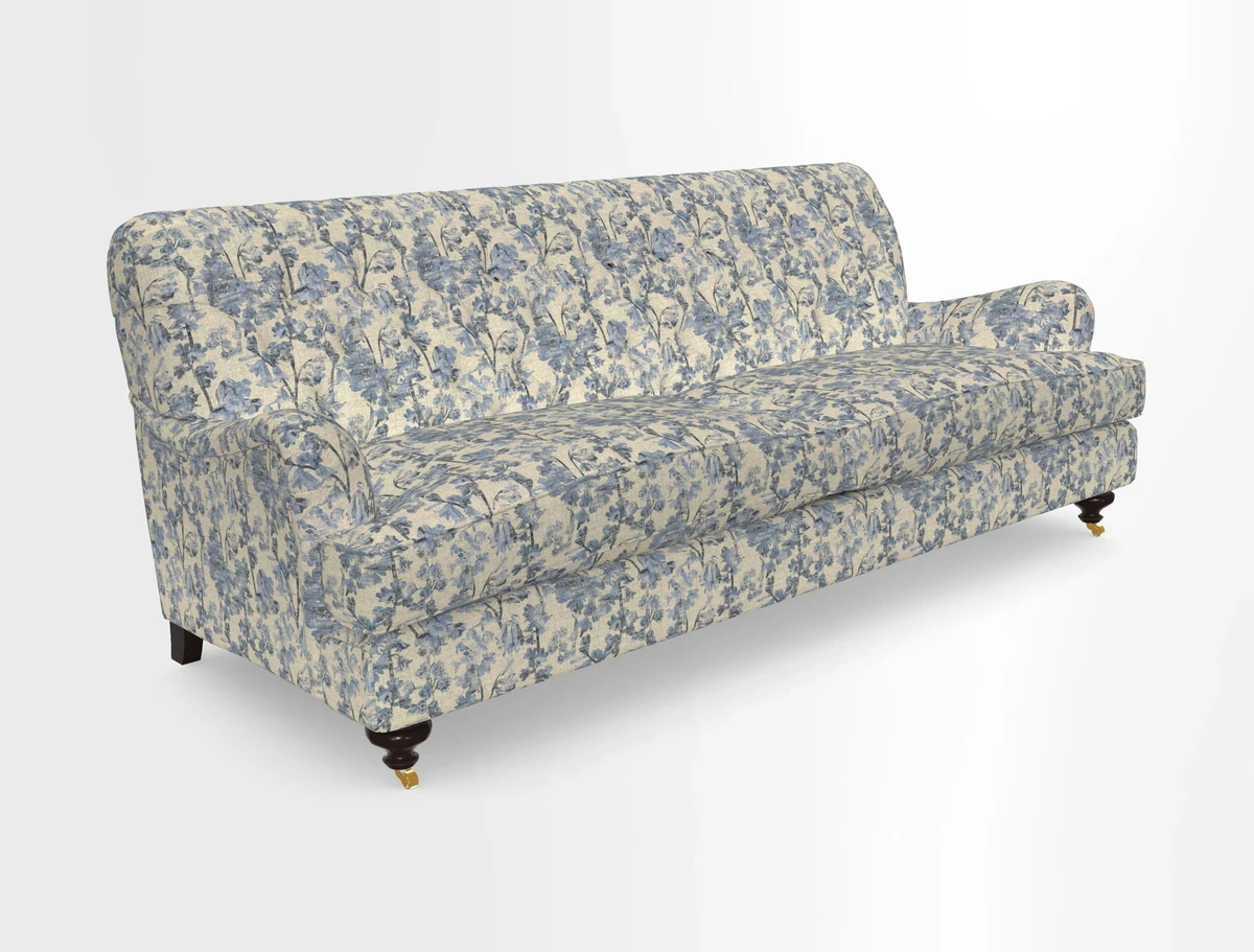 Chiddingfold 3 Seater Sofa in Omega Velvet Tawny Velvet and V&A Threads of India Regal Arabesque Flame with scatters in Sulawesi Splendour Jasper