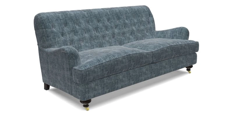 Chiddingfold 3 Seater Sofa in Omega Velvet Tawny Velvet and V&A Threads of India Regal Arabesque Flame with scatters in Sulawesi Splendour Jasper