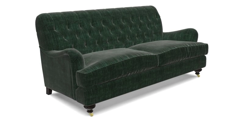 Chiddingfold 3 Seater Sofa in Omega Velvet Tawny Velvet and V&A Threads of India Regal Arabesque Flame with scatters in Sulawesi Splendour Jasper