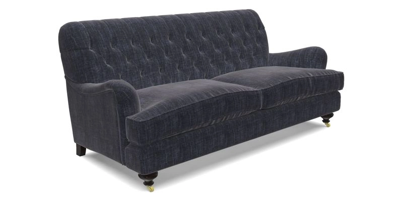 Chiddingfold 3 Seater Sofa in Omega Velvet Tawny Velvet and V&A Threads of India Regal Arabesque Flame with scatters in Sulawesi Splendour Jasper