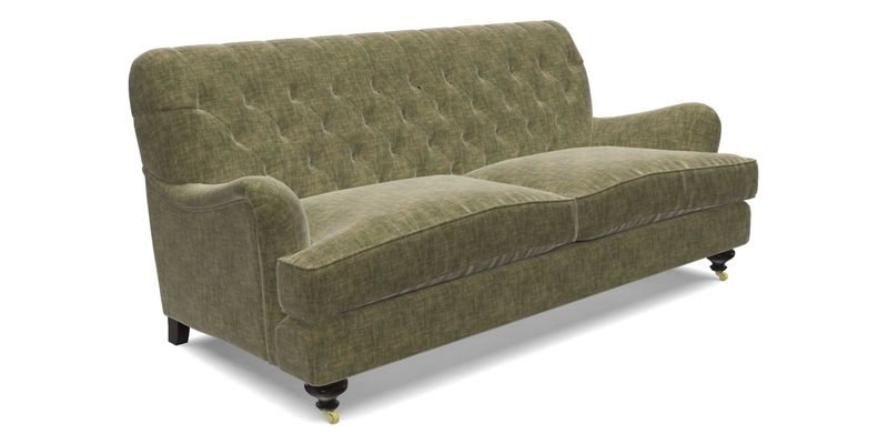 Chiddingfold 3 Seater Sofa in Omega Velvet Tawny Velvet and V&A Threads of India Regal Arabesque Flame with scatters in Sulawesi Splendour Jasper