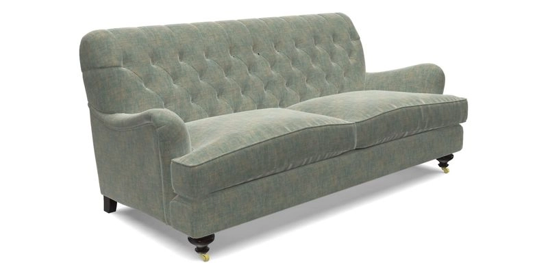 Chiddingfold 3 Seater Sofa in Omega Velvet Tawny Velvet and V&A Threads of India Regal Arabesque Flame with scatters in Sulawesi Splendour Jasper