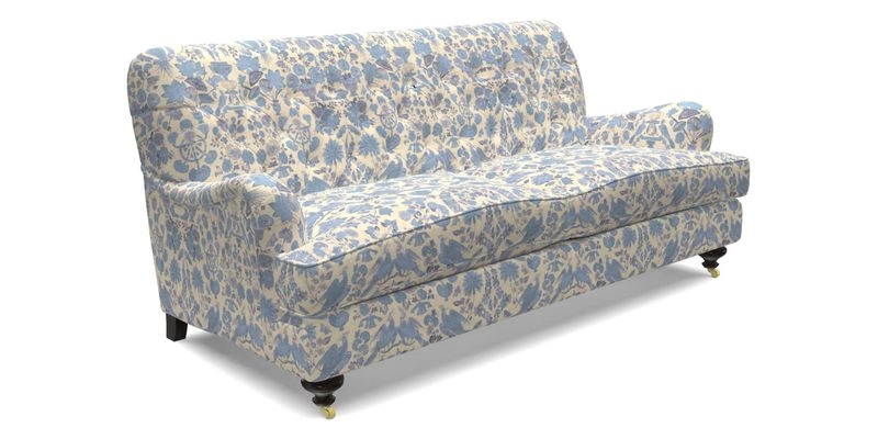 Chiddingfold 3 Seater Sofa in Omega Velvet Tawny Velvet and V&A Threads of India Regal Arabesque Flame with scatters in Sulawesi Splendour Jasper