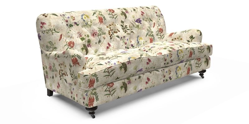 Chiddingfold 3 Seater Sofa in Omega Velvet Tawny Velvet and V&A Threads of India Regal Arabesque Flame with scatters in Sulawesi Splendour Jasper