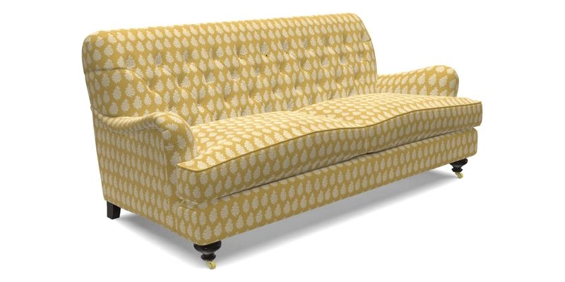 Chiddingfold 3 Seater Sofa in Omega Velvet Tawny Velvet and V&A Threads of India Regal Arabesque Flame with scatters in Sulawesi Splendour Jasper