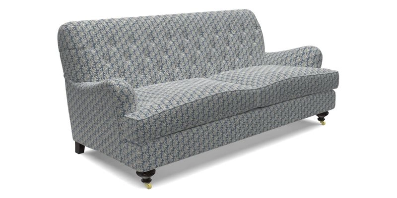 Chiddingfold 3 Seater Sofa in Omega Velvet Tawny Velvet and V&A Threads of India Regal Arabesque Flame with scatters in Sulawesi Splendour Jasper