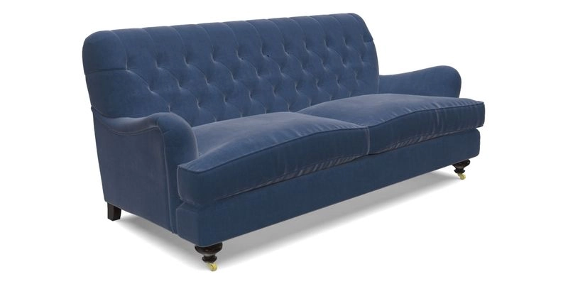 Chiddingfold 3 Seater Sofa in Omega Velvet Tawny Velvet and V&A Threads of India Regal Arabesque Flame with scatters in Sulawesi Splendour Jasper