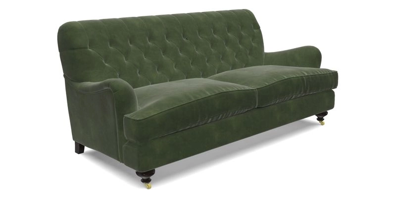 Chiddingfold 3 Seater Sofa in Omega Velvet Tawny Velvet and V&A Threads of India Regal Arabesque Flame with scatters in Sulawesi Splendour Jasper