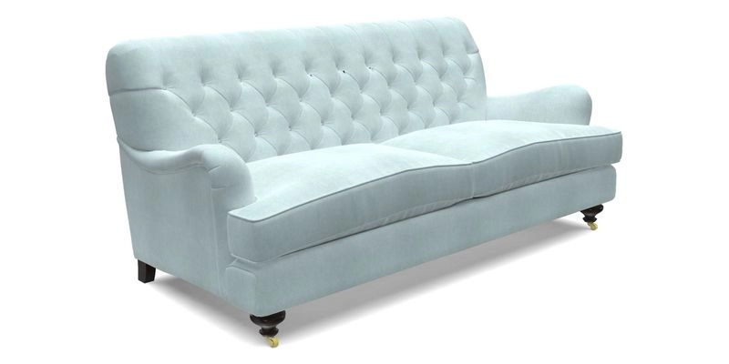 Chiddingfold 3 Seater Sofa in Omega Velvet Tawny Velvet and V&A Threads of India Regal Arabesque Flame with scatters in Sulawesi Splendour Jasper