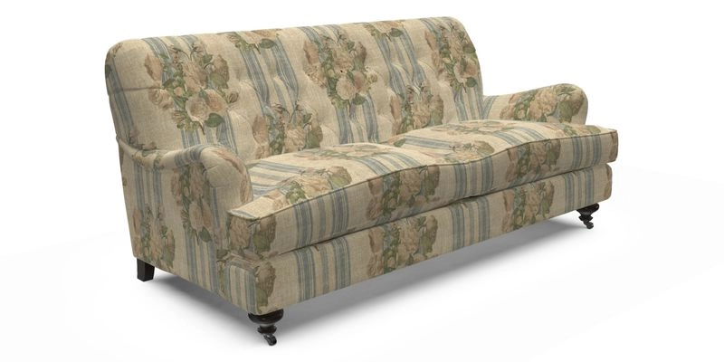 Chiddingfold 3 Seater Sofa in Omega Velvet Tawny Velvet and V&A Threads of India Regal Arabesque Flame with scatters in Sulawesi Splendour Jasper