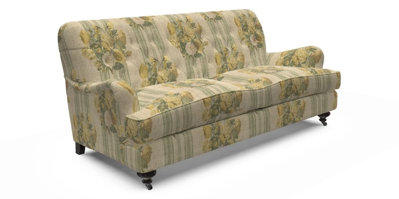 Chiddingfold 3 Seater Sofa in Omega Velvet Tawny Velvet and V&A Threads of India Regal Arabesque Flame with scatters in Sulawesi Splendour Jasper