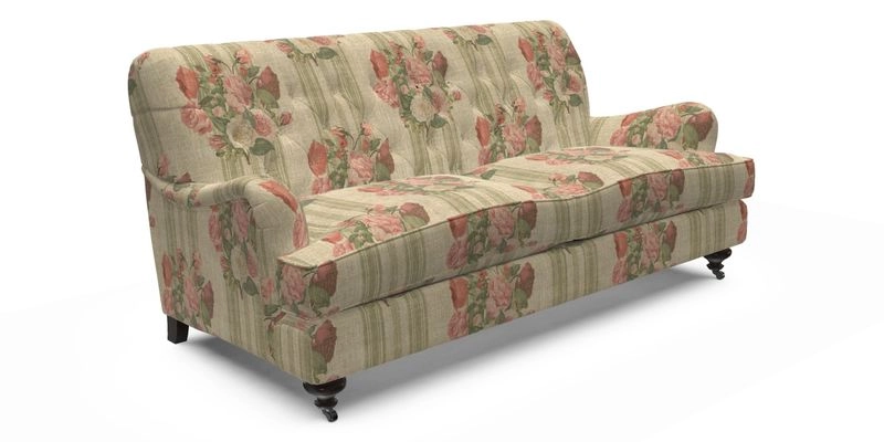 Chiddingfold 3 Seater Sofa in Omega Velvet Tawny Velvet and V&A Threads of India Regal Arabesque Flame with scatters in Sulawesi Splendour Jasper