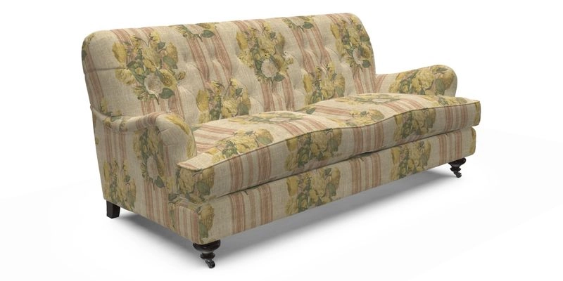 Chiddingfold 3 Seater Sofa in Omega Velvet Tawny Velvet and V&A Threads of India Regal Arabesque Flame with scatters in Sulawesi Splendour Jasper