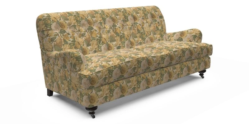 Chiddingfold 3 Seater Sofa in Omega Velvet Tawny Velvet and V&A Threads of India Regal Arabesque Flame with scatters in Sulawesi Splendour Jasper