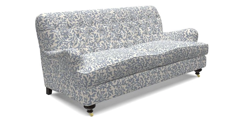 Chiddingfold 3 Seater Sofa in Omega Velvet Tawny Velvet and V&A Threads of India Regal Arabesque Flame with scatters in Sulawesi Splendour Jasper