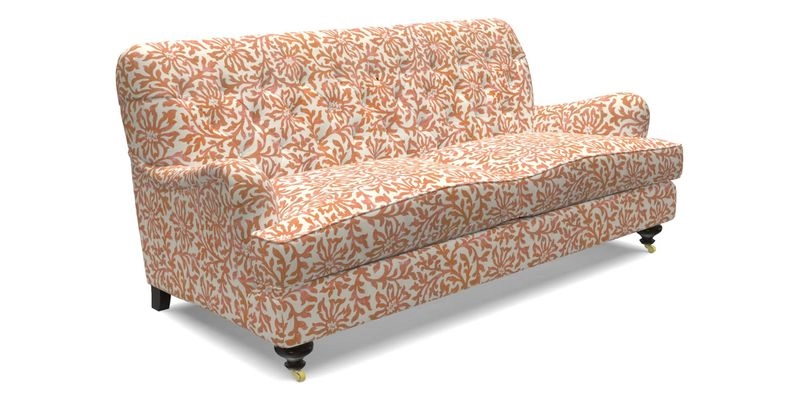 Chiddingfold 3 Seater Sofa in Omega Velvet Tawny Velvet and V&A Threads of India Regal Arabesque Flame with scatters in Sulawesi Splendour Jasper