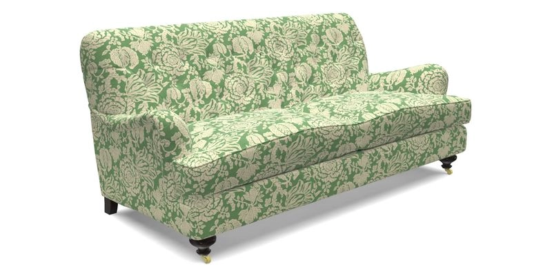 Chiddingfold 3 Seater Sofa in Omega Velvet Tawny Velvet and V&A Threads of India Regal Arabesque Flame with scatters in Sulawesi Splendour Jasper