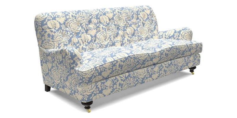 Chiddingfold 3 Seater Sofa in Omega Velvet Tawny Velvet and V&A Threads of India Regal Arabesque Flame with scatters in Sulawesi Splendour Jasper