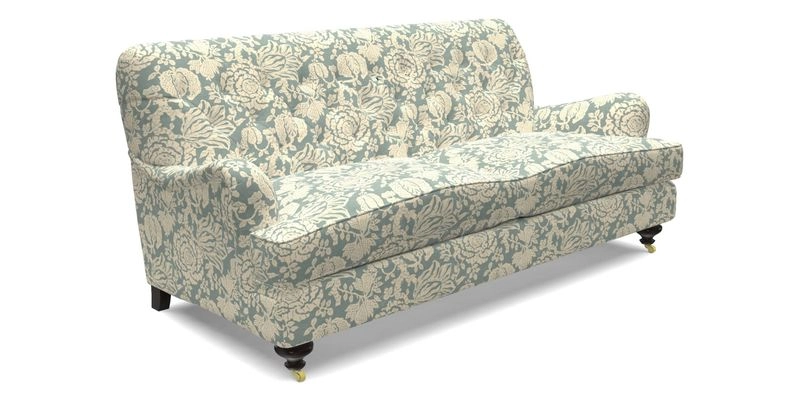 Chiddingfold 3 Seater Sofa in Omega Velvet Tawny Velvet and V&A Threads of India Regal Arabesque Flame with scatters in Sulawesi Splendour Jasper