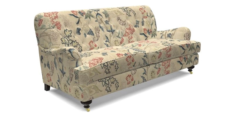 Chiddingfold 3 Seater Sofa in Omega Velvet Tawny Velvet and V&A Threads of India Regal Arabesque Flame with scatters in Sulawesi Splendour Jasper