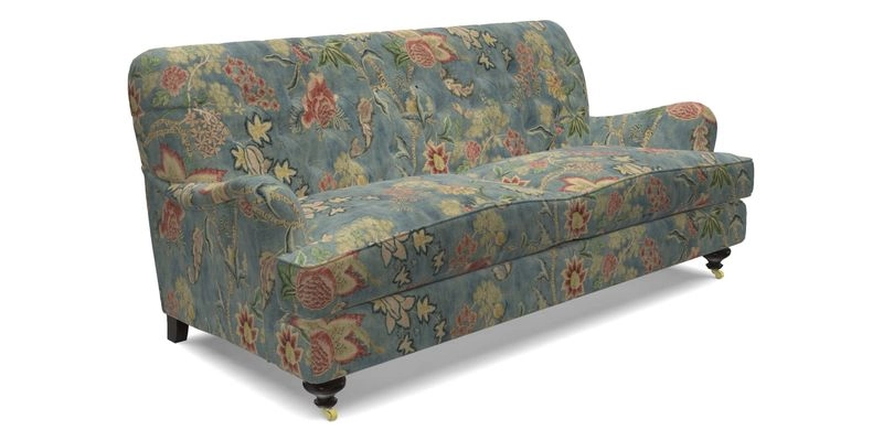 Chiddingfold 3 Seater Sofa in Omega Velvet Tawny Velvet and V&A Threads of India Regal Arabesque Flame with scatters in Sulawesi Splendour Jasper