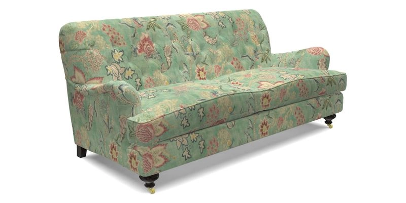 Chiddingfold 3 Seater Sofa in Omega Velvet Tawny Velvet and V&A Threads of India Regal Arabesque Flame with scatters in Sulawesi Splendour Jasper