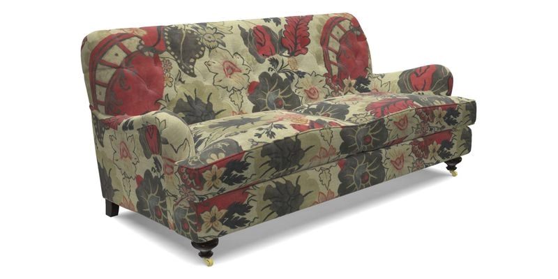 Chiddingfold 3 Seater Sofa in Omega Velvet Tawny Velvet and V&A Threads of India Regal Arabesque Flame with scatters in Sulawesi Splendour Jasper