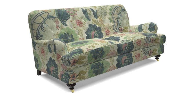 Chiddingfold 3 Seater Sofa in Omega Velvet Tawny Velvet and V&A Threads of India Regal Arabesque Flame with scatters in Sulawesi Splendour Jasper