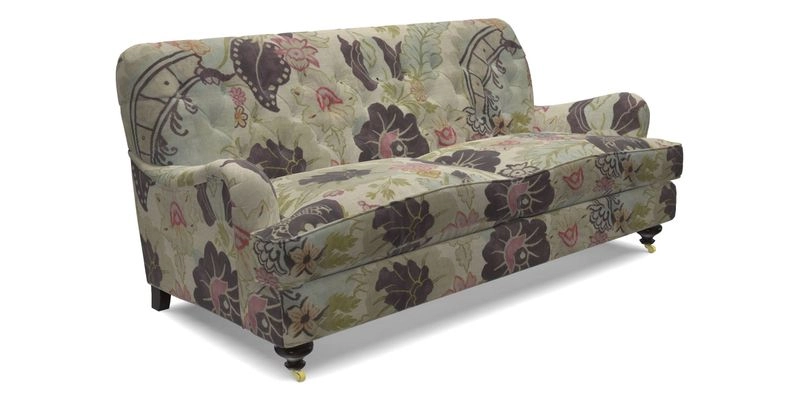 Chiddingfold 3 Seater Sofa in Omega Velvet Tawny Velvet and V&A Threads of India Regal Arabesque Flame with scatters in Sulawesi Splendour Jasper