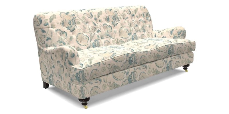 Chiddingfold 3 Seater Sofa in Omega Velvet Tawny Velvet and V&A Threads of India Regal Arabesque Flame with scatters in Sulawesi Splendour Jasper