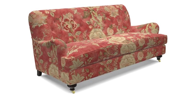 Chiddingfold 3 Seater Sofa in Omega Velvet Tawny Velvet and V&A Threads of India Regal Arabesque Flame with scatters in Sulawesi Splendour Jasper