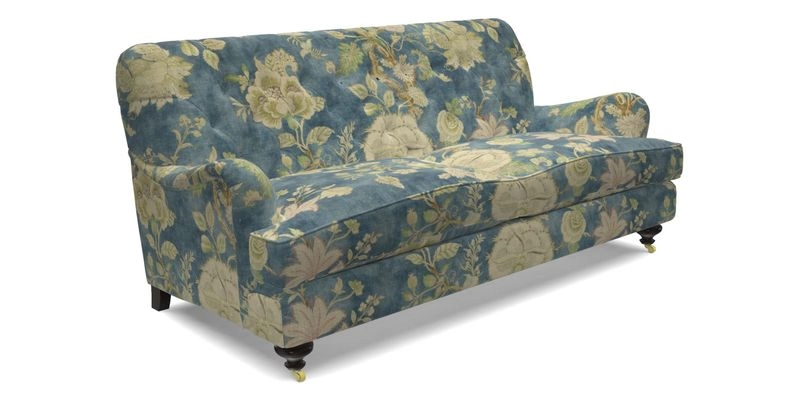 Chiddingfold 3 Seater Sofa in Omega Velvet Tawny Velvet and V&A Threads of India Regal Arabesque Flame with scatters in Sulawesi Splendour Jasper