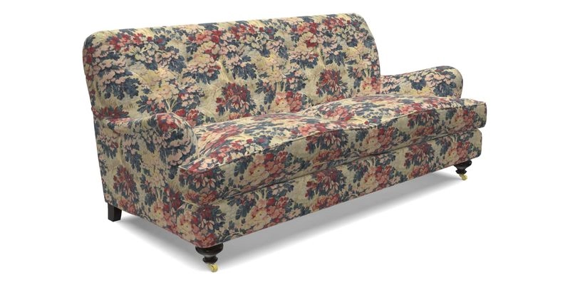 Chiddingfold 3 Seater Sofa in Omega Velvet Tawny Velvet and V&A Threads of India Regal Arabesque Flame with scatters in Sulawesi Splendour Jasper