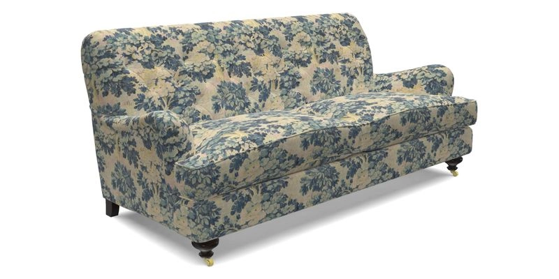 Chiddingfold 3 Seater Sofa in Omega Velvet Tawny Velvet and V&A Threads of India Regal Arabesque Flame with scatters in Sulawesi Splendour Jasper