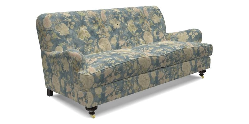 Chiddingfold 3 Seater Sofa in Omega Velvet Tawny Velvet and V&A Threads of India Regal Arabesque Flame with scatters in Sulawesi Splendour Jasper