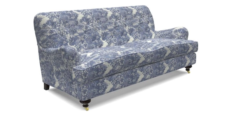 Chiddingfold 3 Seater Sofa in Omega Velvet Tawny Velvet and V&A Threads of India Regal Arabesque Flame with scatters in Sulawesi Splendour Jasper