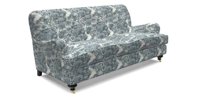 Chiddingfold 3 Seater Sofa in Omega Velvet Tawny Velvet and V&A Threads of India Regal Arabesque Flame with scatters in Sulawesi Splendour Jasper