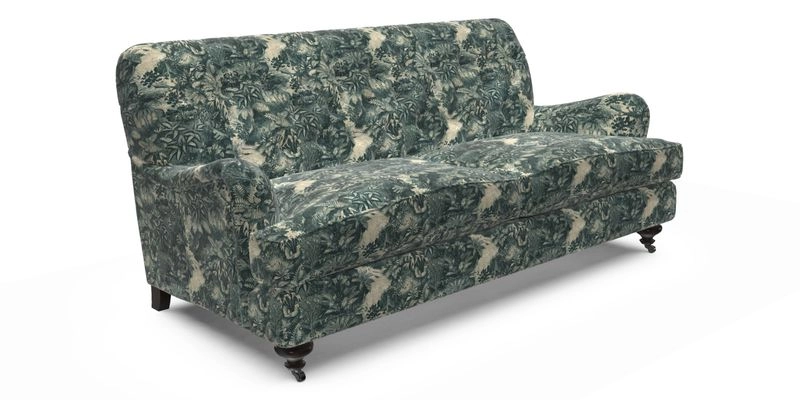 Chiddingfold 3 Seater Sofa in Omega Velvet Tawny Velvet and V&A Threads of India Regal Arabesque Flame with scatters in Sulawesi Splendour Jasper