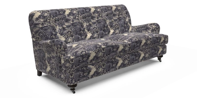 Chiddingfold 3 Seater Sofa in Omega Velvet Tawny Velvet and V&A Threads of India Regal Arabesque Flame with scatters in Sulawesi Splendour Jasper