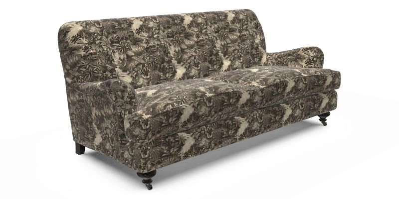 Chiddingfold 3 Seater Sofa in Omega Velvet Tawny Velvet and V&A Threads of India Regal Arabesque Flame with scatters in Sulawesi Splendour Jasper